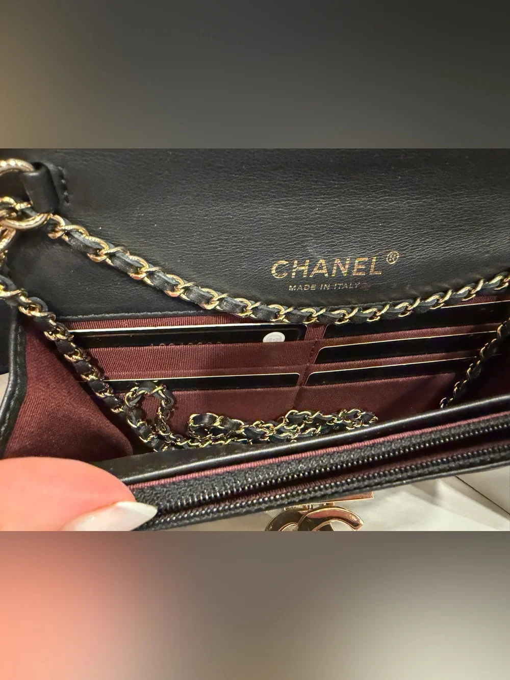 CHANEL Black Patent Crossbody Wallet On Chain Flap Bag with Gold Hardware
